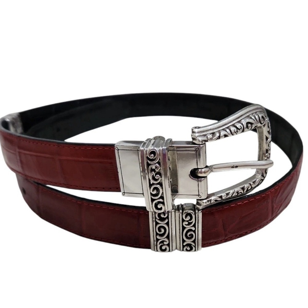 Brighton Reversible Leather Belt Sz L 34 Red Black Croc Embossed Silver Buckle